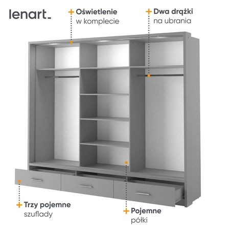 Szafa przesuwna z lustrem Arti 250 cm szara funkcjonalna szafa do przedpokoju z szufladami duże lustra podkreśla oświetlenie LED