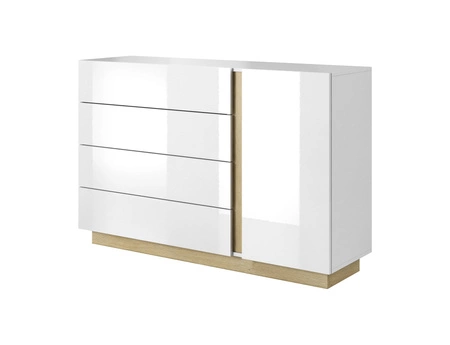 Komoda z szufladami Adria 138 cm biały połysk / dąb grandson nowoczesny design mebla obrzeża komody wykończone specjalną okleiną ABS