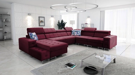Narożnik z funkcją spania Hampton VIII bordowy lewostronny nowoczesny design narożnik rozkładany do salonu funkcjonalna dostawka