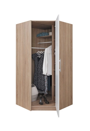 Szafa narożna Caspe dąb sonoma jasny / biała nowoczesny design wykończenie ABS oraz aluminiowe uchwyty