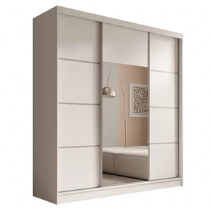 Szafa przesuwna z lustrem Keri 200 cm biała funkcjonalna szafa do nowoczesnego wnętrza dekoracyjne srebrne listwy wewnętrzne szuflady