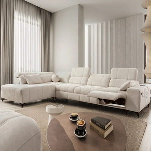 Narożnik z funkcją spania Penejos XI Lux kremowy lewostronny stylowy narożnik rozkładany z komfortowym wysuwanym podnóżkiem