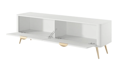 Szafka RTV Lante 163 cm biała designerska szafka pod telewizor w modnym stylu zaokrąglone krawędzie bryły gustowny ryflowany front