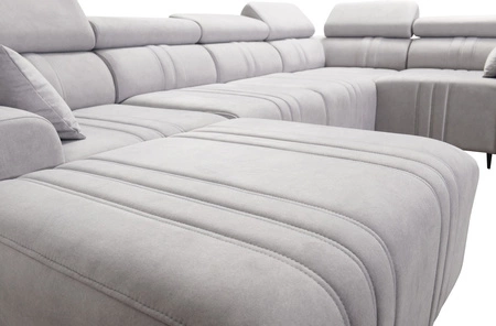 Narożnik z funkcją spania Castel IV beżowy lewostronny stylowy narożnik z pojemnikami na pościel i regulowanymi zagłówkami