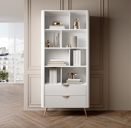 Regał Lante 88 cm biały elegancki regał z szufladami designerskie ryflowania na frontach metalowe uchwyty krawędziowe