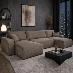 Narożnik z funkcją spania Fiesta U XL jasny brąz elegancki narożnik do salonu z pojemnikiem na pościel sztruksowa tkanina