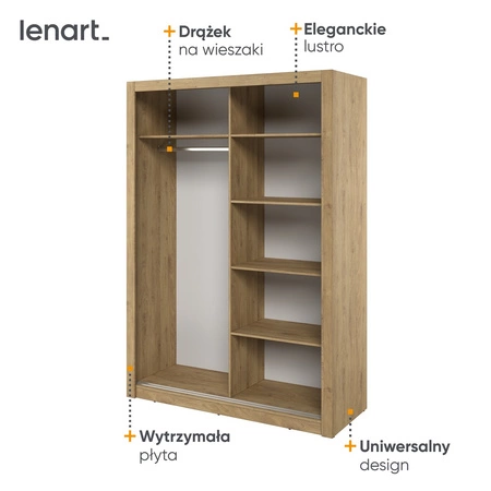 Szafa przesuwna z lustrem Arti 150 cm dąb shetland pojemna szafa do przedpokoju drzwi szafy wykończone lustrami w ciekawej konfiguracji