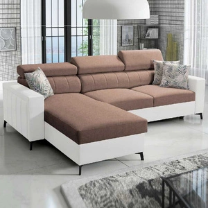 Narożnik z funkcją spania Savona jasny brąz / biały lewostronny elegancki narożnik z regulowanymi zagłówkami dekoracyjne przeszycia