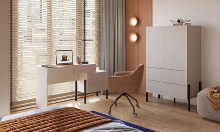 Biurko z komodą Jukon S 143 cm beżowe elegancka forma mebla w nowoczesnym stylu system otwierania push to open metalowe czarne nogi