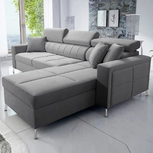 Narożnik z funkcją spania Nausa szary prawostronny velvet stylowy komfortowy narożnik regulowane zagłówki pojemnik na pościel