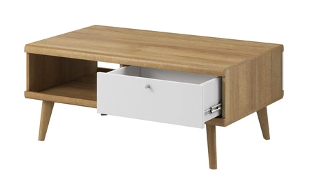 Stolik kawowy z szufladami Primo 107 cm dąb riviera / biały nowoczesny design obrzeża stolika wykończone specjalną okleiną ABS