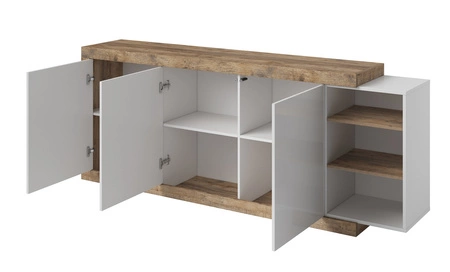 Komoda Sintra 220 cm dąb samdal / biały połysk funkcjonalna idealna do wnętrz w stylu nowoczesnym bezuchwytowy system push to open