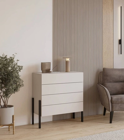 Komoda z szufladami Jukon S 80 cm beżowa gustowna forma mebla w nowoczesnym stylu system otwierania push to open metalowe czarne nogi