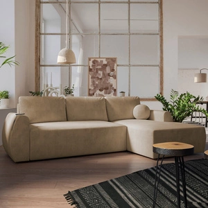 Narożnik z funkcją spania Colio ciemny beżowy prawostronny stylowy narożnik o ciekawym kształcie ozdobna poduszka piłka