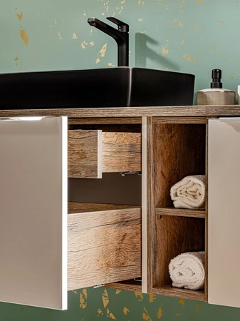 Zestaw mebli łazienkowych Santa Fe szary krzemowy / dąb vintage zestaw mebli z szafkami pod umywalki nablatowe uchwyty krawędziowe