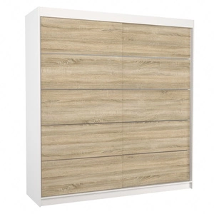 Szafa przesuwna Esteva 200 cm biały / dąb sonoma jasny praktyczna szafa do sypialni fronty wykończone poziomymi srebrnymi listwami