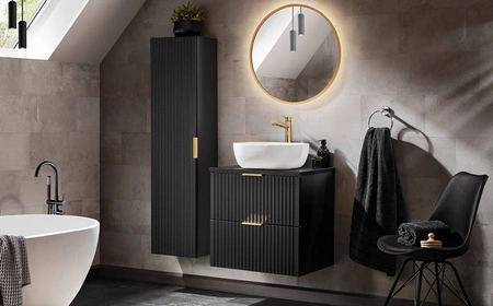 Szafka pod umywalkę Adeel 60 cm czarna starannie wykonana szafka odporna na działanie wilgoci pionowe ryflowania na frontach