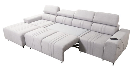 Narożnik z funkcją spania Castel XII jasny brąz lewostronny stylowy i wygodny narożnik do salonu funkcjonalne regulowane zagłówki