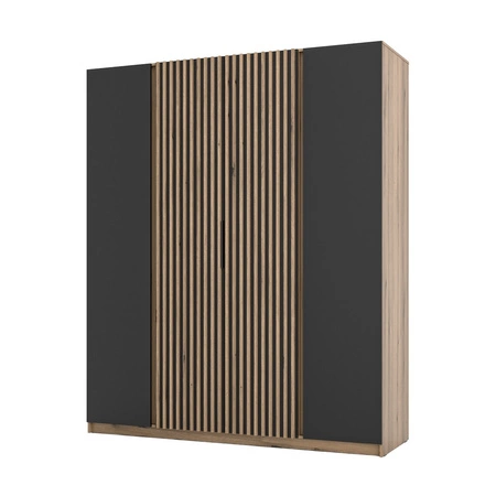 Szafa Kastano XIII 200 cm dąb evoke / czarny stylowy design uchwyty krawędziowe drzwi szafy ozdobione lamelami w kolorze dąb evoke