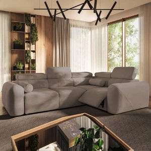 Narożnik z funkcją spania Cantare II Lux ciemny beż prawostronny komfortowy narożnik do salonu z podnoszonym podnóżkiem miękka tkanina