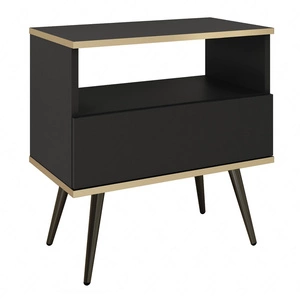 Szafka nocna z szufladą Luxury czarna elegancki design korpus zwieńczony złotą listwą szafka wsparta na wysokich metalowych nogach