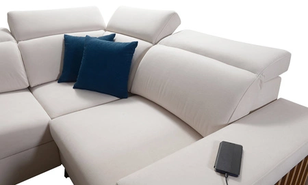 Narożnik z funkcją spania Kelly IV czarny lewostronny pleciony komfortowy narożnik regulowane zagłówki bok wykończony lamelami