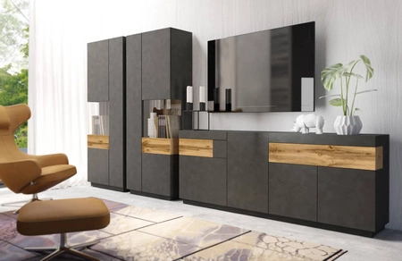 Witryna Silke 80 cm matera / dąb wotan lewa elegancka witryna do salonu prosta bryła wpisująca się w każde wnętrze