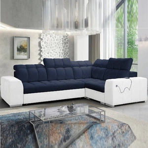 Narożnik z funkcją spania Luigi II granatowy / biały prawostronny komfort podczas codziennego wypoczynku narożnik z pojemnikiem na pościel