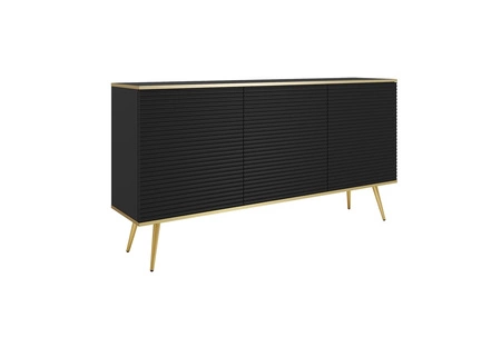 Komoda Luxury 160 cm czarna elegancki design stylowe ryflowane fronty korpus komody zwieńczony złotą listwą złote metalowe nogi