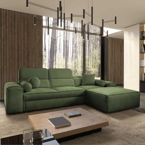 Narożnik z funkcją spania Viano zielony prawostronny stylowy narożnik o ciekawym kształcie regulowane zagłówki ozdobne poduszki