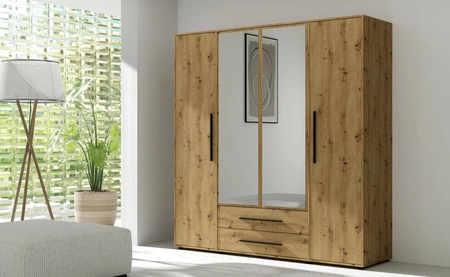 Szafa z lustrem Maxione 198 cm dąb artisan pojemna szafa do sypialni pokoju młodzieżowego lub przedpokoju wzbogacona szufladami