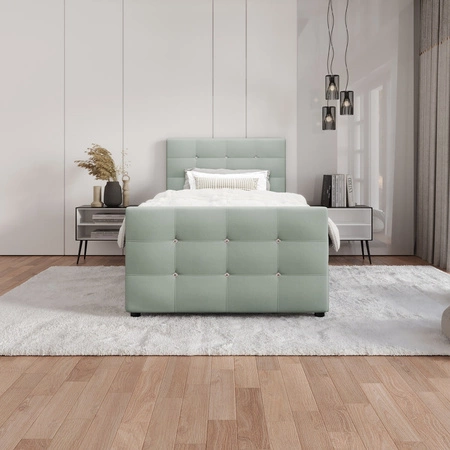 Łóżko kontynentalne Kansas 100x200 miętowe w nowoczesnym skandynawskim stylu z tapicerowanym zagłówkiem oraz zanóżkiem