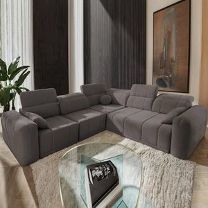 Narożnik z funkcją spania Cetara III szary brąz lewostronny ergonomiczny narożnik z przesuwanym oparciem i regulowanymi zagłówkami