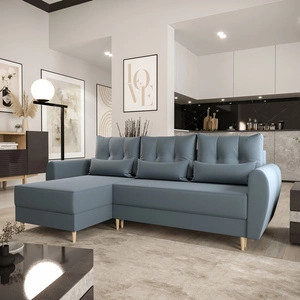 Narożnik z funkcją spania Rovigo szary błękit lewostronny elegancki narożnik w skandynawskiej formie duży pojemnik na pościel