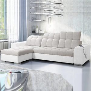 Narożnik z funkcją spania Luigi jasny beż / biały lewostronny narożnik z dwoma pojemnikami na pościel tkanina o ciekawej strukturze