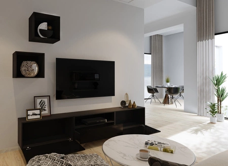 Meblościanka Mistra czarna / czarny połysk uniwersalna i stylowa meblościanka do salonu minimalistyczny design w nowoczesnej aranżacji