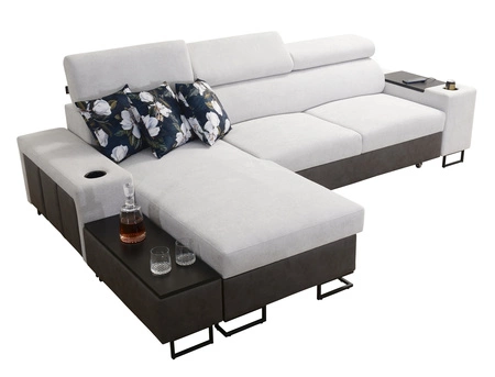 Narożnik z funkcją spania Flavio jasny szary / grafitowy lewostronny elegancki narożnik z dostawką otwierany barek w boczku mebla