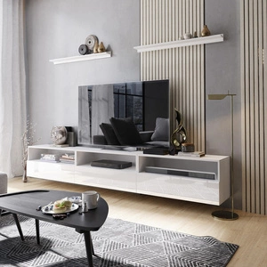 Szafka RTV wisząca Kaires 258 cm biała / biały połysk z półkami elegancki i stylowy design wpisujący się w każde wnętrze