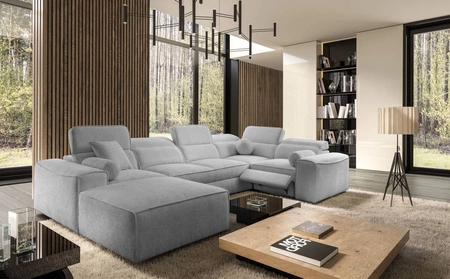 Narożnik z funkcją spania Viano IV Lux jasny szary lewostronny designerski narożnik z wysuwanym podnóżkiem duży pojemnik na pościel