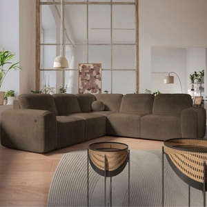 Narożnik z funkcją spania Arbon III brązowy lewostronny wyjątkowo stylowy narożnik z pojemnikiem na pościel unikalny obły kształt