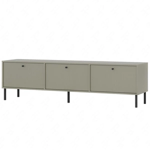 Szafka RTV Kioto II 180 cm eukaliptus stylowy design metalowe czarne nogi drzwi otwierane do dołu pastelowa kolorystyka