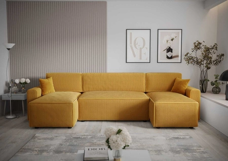 Narożnik z funkcją spania Brandon U Bis miodowy pojemnik na pościel trójwymiarowa tkanina o wyrazistych prążkach miękkie podłokietniki