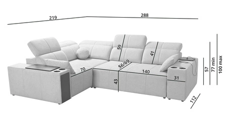 Narożnik z funkcją spania Tesalia II brązowy lewostronny komfortowy narożnik do salonu z przesuwanym oparciem pojemnik na pościel