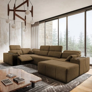 Narożnik z funkcją spania Tesalia IV Lux brązowy prawostronny stylowy narożnik z wysuwanym podnóżkiem oraz funkcją przesuwanego oparcia