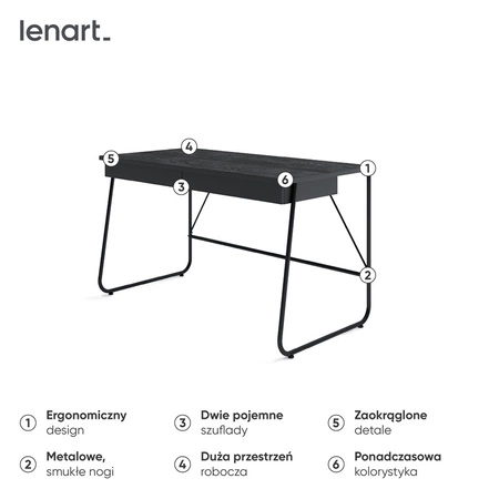 Biurko Match 135 cm czarne idealne biurko z szufladami do domowego biura lub pokoju nastolatka designerska metalowa podstawa