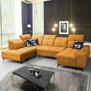 Narożnik z funkcją spania Buffalo VI żółty prawostronny funkcjonalny i stylowy narożnik rozkładany z trzema pojemnikami na pościel