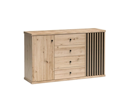 Komoda z szufladami Cali 142 cm dąb artisan / czarny elegancki i uniwersalny styl komody czarne uchwyty ozdobne lamele na drzwiach komody