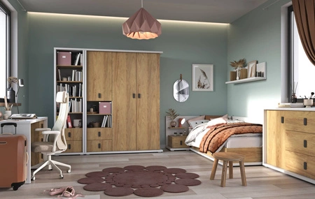 Regał Simi 55 cm biały / hikora naturalna designerski wysoki regał na książki wyposażony w dwie szuflady doskonały mebel młodzieżowy