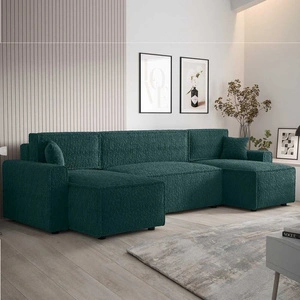 Narożnik z funkcją spania Brandon U Bis turkusowy pojemnik na pościel podłokietniki tkanina o charakterystycznej pętelkowej powierzchni