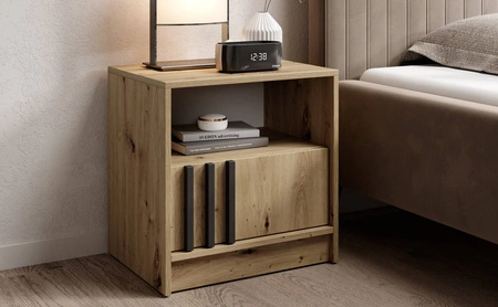 Szafka nocna z szufladą Aspen dąb artisan / czarne lamele stylowa szafka nocna ozdobiona lamelami idealny dodatek do sypialni